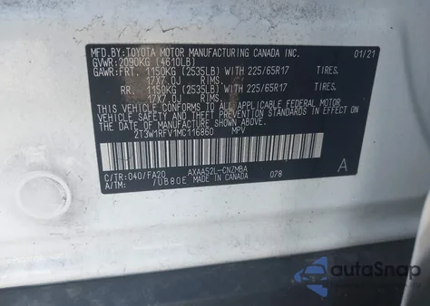 2021 Toyota Rav4 Xle z USA, uszkodzony, nr VIN 2T3W1RFV1MC116860